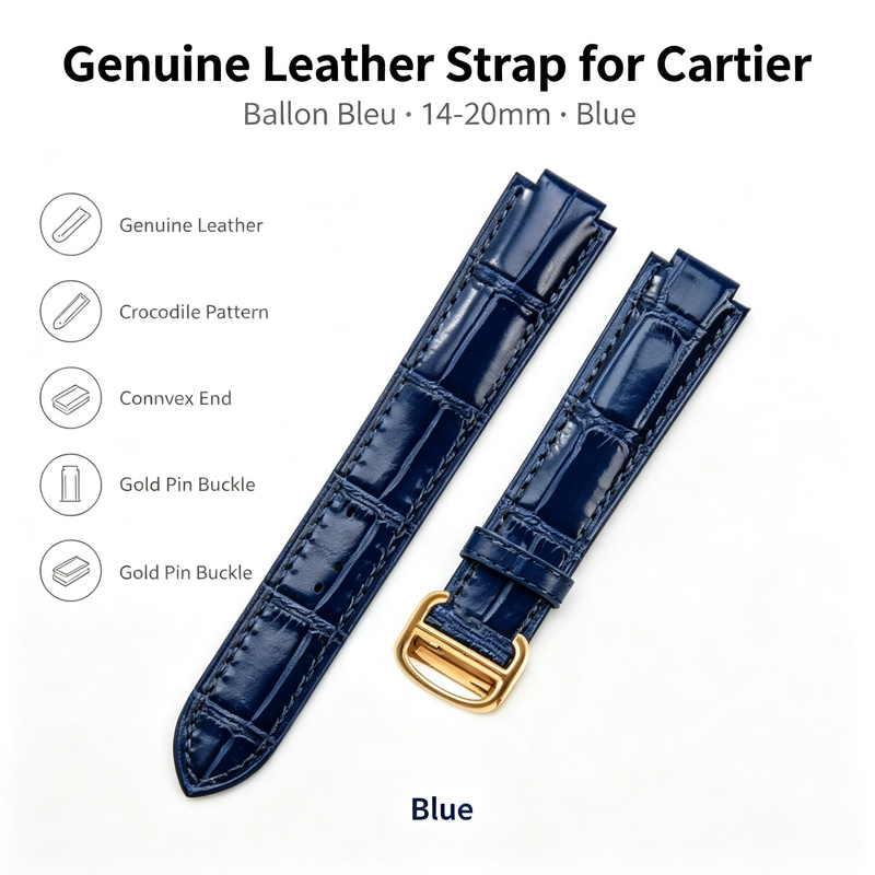 Cartier Watch Ballon Bleu - حزام ساعة من الجلد الطبيعي بعرض